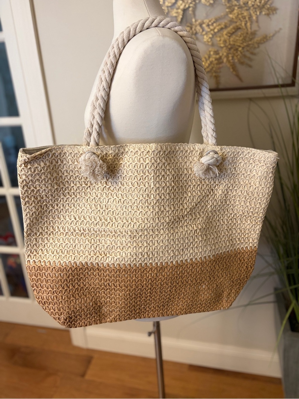 Woven Two-Tone Straw Tote Bag – Cream & Brown
